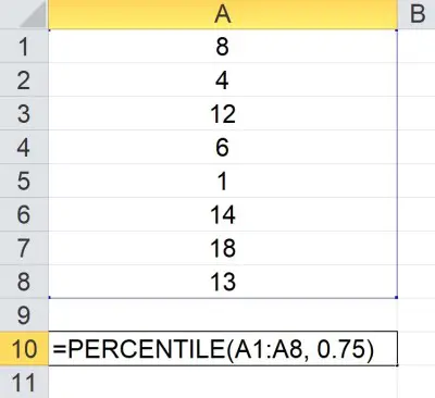 Excel 75th percentile column of 8 values