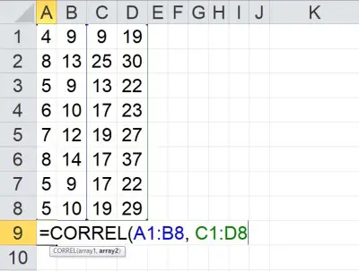 Excel CORREL function, 2-column input for each array (correlation coefficient)