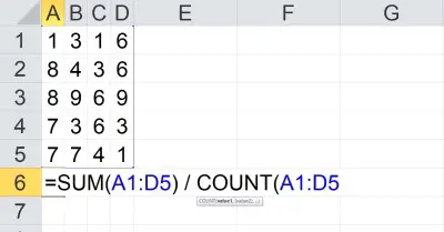 average (mean) of a block in Excel using SUM and COUNT