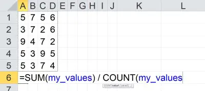 average of a block in Excel using SUM and COUNT