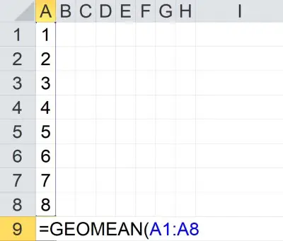 geometric mean of a column in Excel