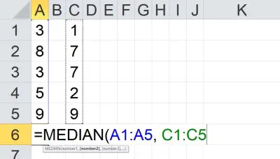 median of two columns in Excel
