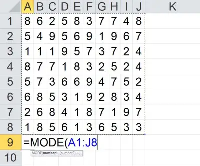 mode of a block in Excel