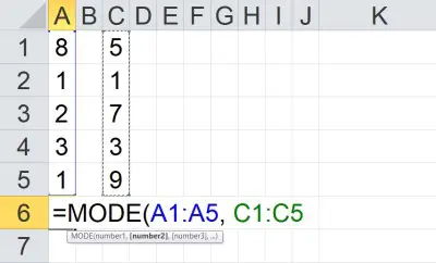 mode of two columns in Excel