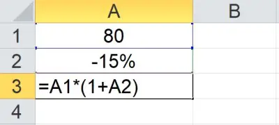 subtracting a percent in Excel (15 percent from 80)